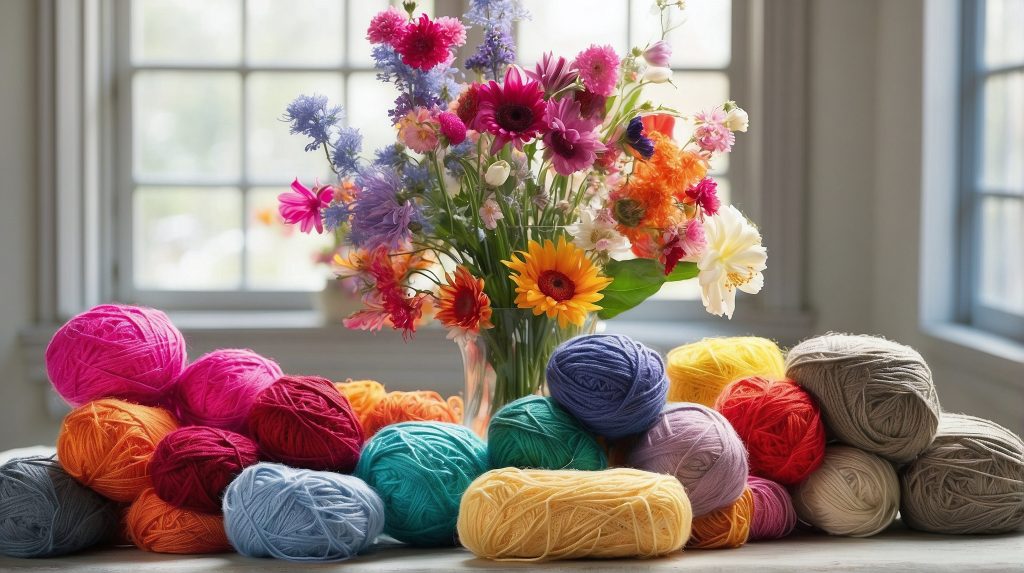 carmel's kitchen table full of crochet yarn and flowers - carmels-crochet.co.uk